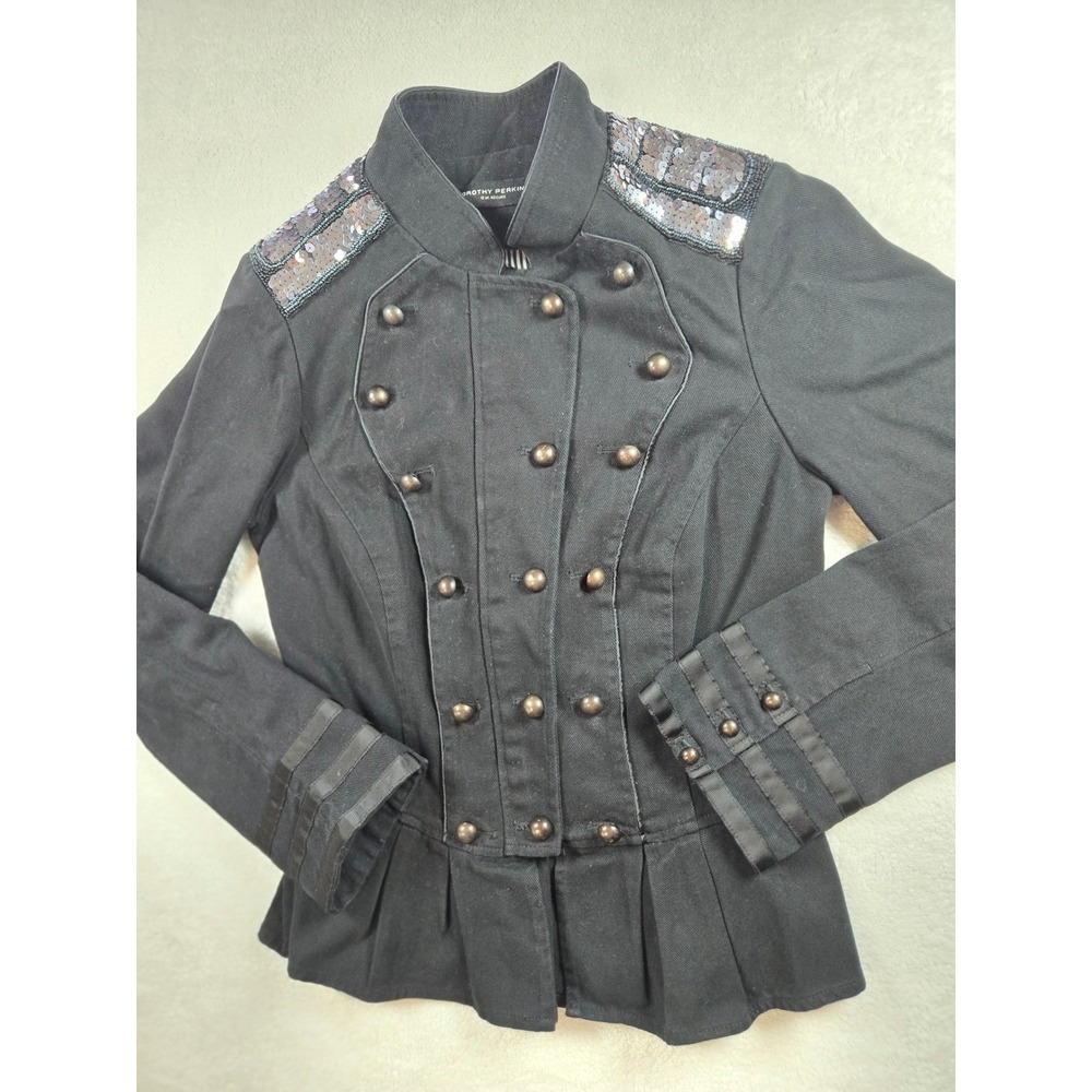 Dorothy Perkins Black Military Jacket Sequin Epaulettes Peplum Brass Button 12